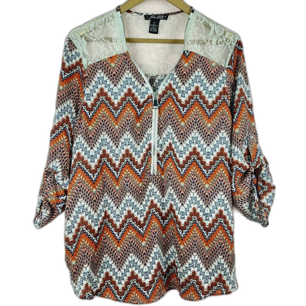 Miss Lili Women Boho 3/4 Sleeve Blouse with Lace Shoulders Zip Neck Size Plus 1X